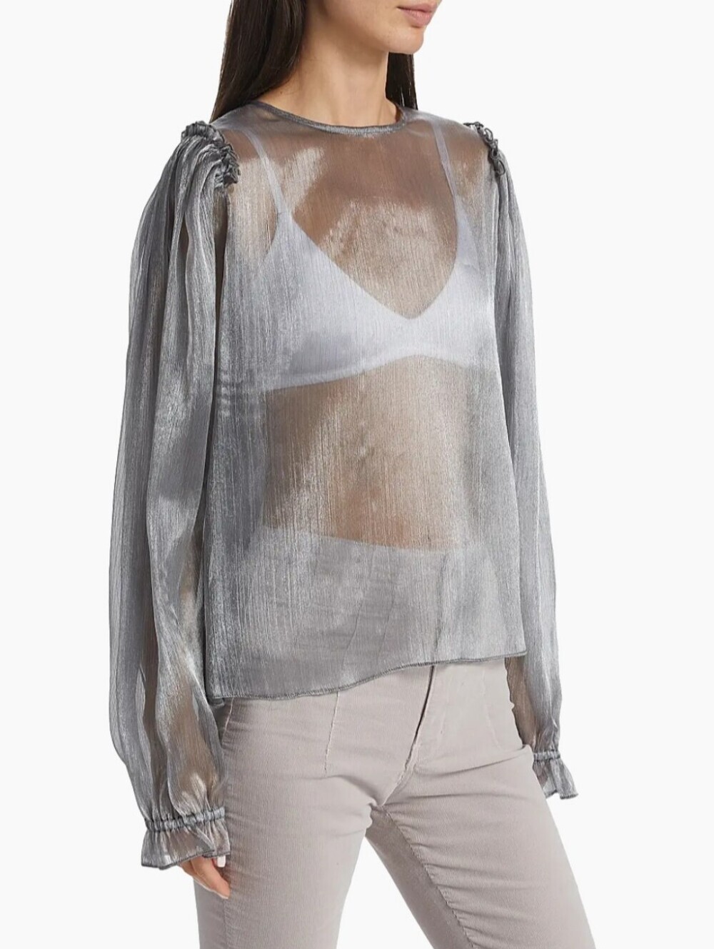 M • Free People • Freya Metallic Semi-Sheer Silver Balloon-Sleeve Blouse - Picture 5 of 7
